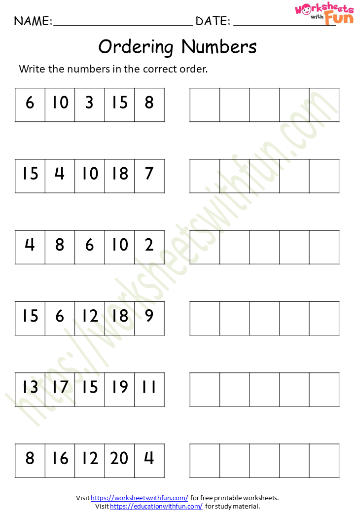 Course Mathematics Preschool Topic Ordering Numbers